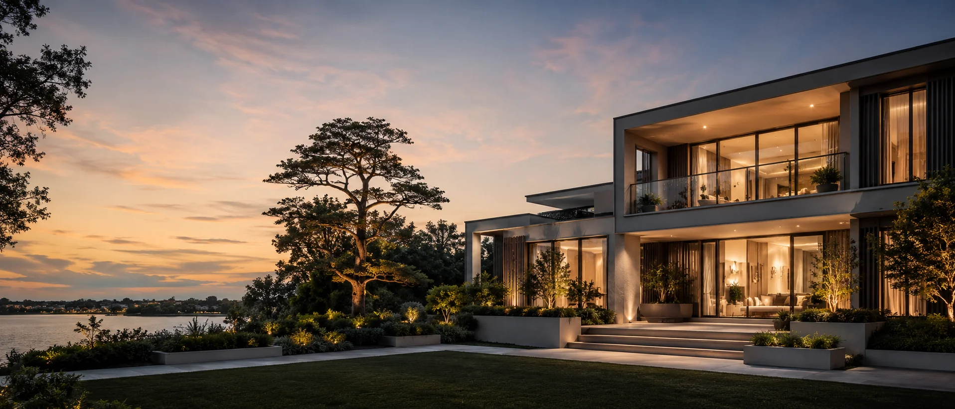 Contemporary L&H Projects residence beside the water at sunset