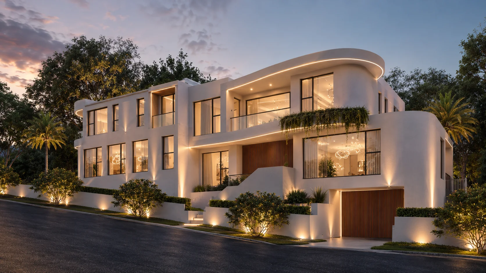 Sculptural contemporary duplex residence in Denistone West at dusk